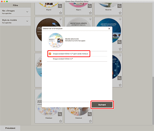 figure : Écran Sélectionner le format papier