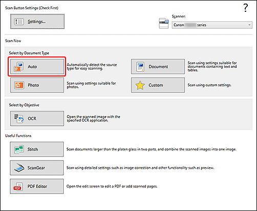 obrázek: Obrazovka nástroje Canon IJ Scan Utility