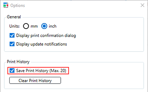 figura: Casella di controllo Salva cronologia stampe (Max. 20).