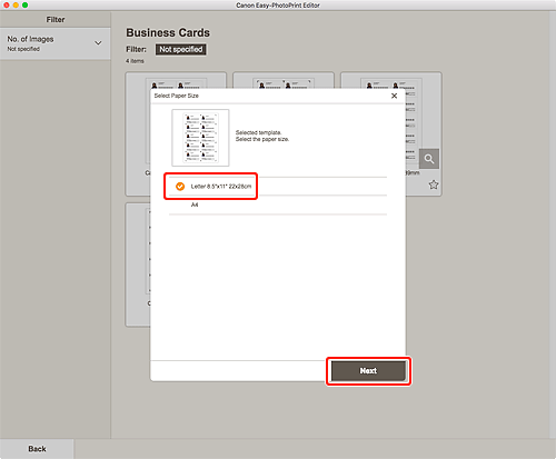 figure: Select Paper Size screen