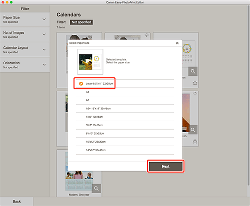 figure: Select Paper Size screen