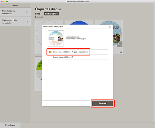 figure&nbsp;: Écran Sélectionner le format papier