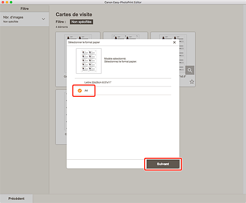figure : Écran Sélectionner le format papier