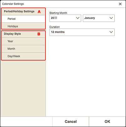 figure: Calendar Settings screen