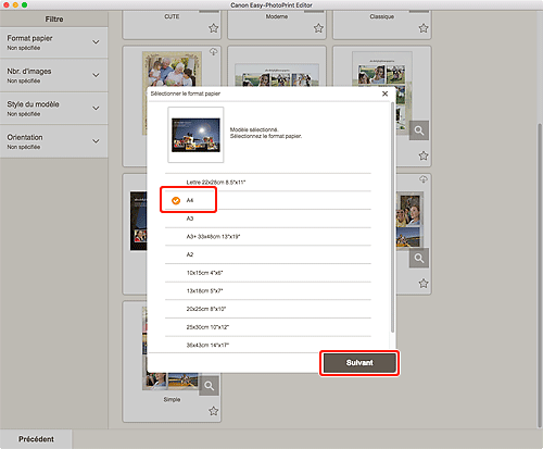 figure&nbsp;: Écran Sélectionner le format papier