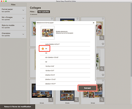figure&nbsp;: Écran Sélectionner le format papier