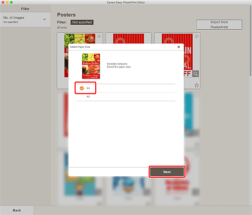 figure: Select Paper Size screen