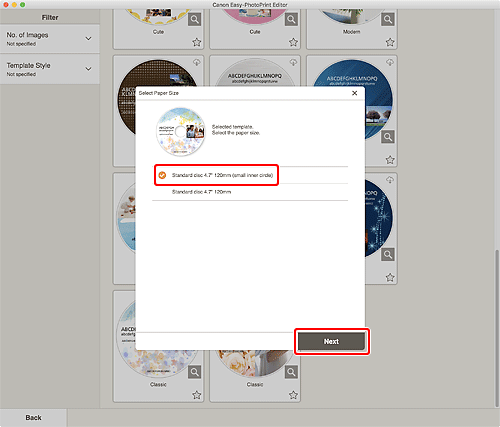 figure: Select Paper Size screen