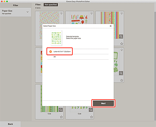 figure: Select Paper Size screen