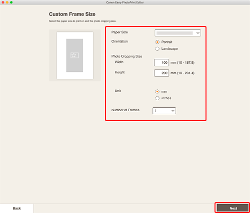 figure: Custom Frame Size screen