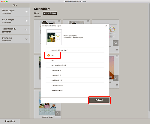 figure : Écran Sélectionner le format papier