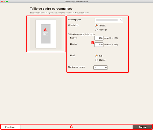 figure&nbsp;: Écran Taille de cadre personnalisée