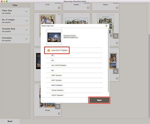 rysunek: ekran Wybierz rozmiar papieru