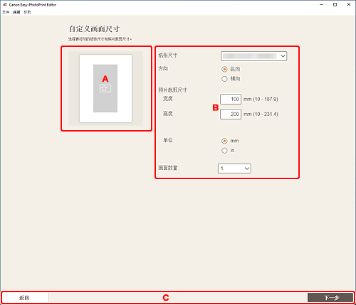 插图:“自定义画面尺寸”屏幕