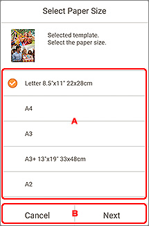 obrázek: obrazovka Vybrat velikost papíru