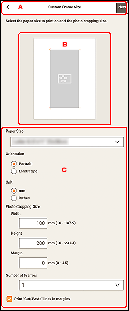 figure: Custom Frame Size screen