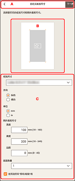 插图：“自定义画面尺寸”屏幕