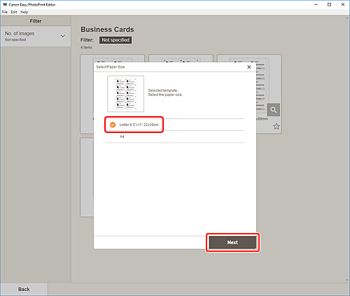 figure: Select Paper Size screen