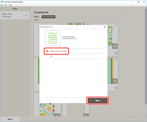 figure: Select Paper Size screen