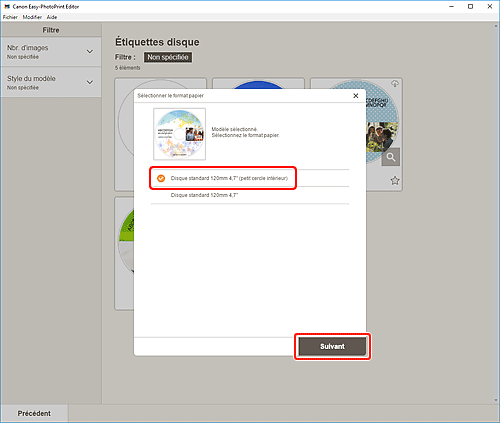 figure&nbsp;: Écran Sélectionner le format papier
