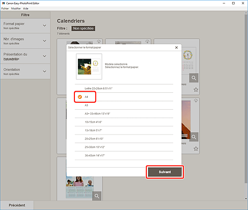 figure&nbsp;: Écran Sélectionner le format papier