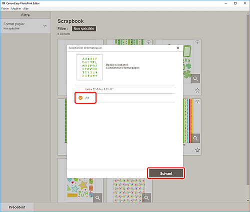 figure&nbsp;: Écran Sélectionner le format papier