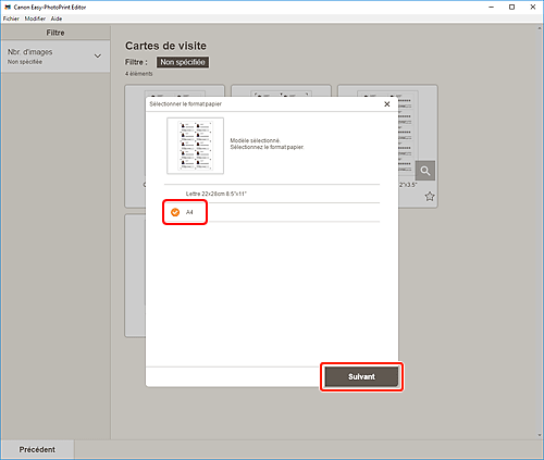 figure&nbsp;: Écran Sélectionner le format papier