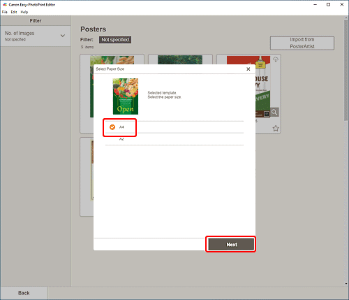 그림: [용지 크기 선택] 화면