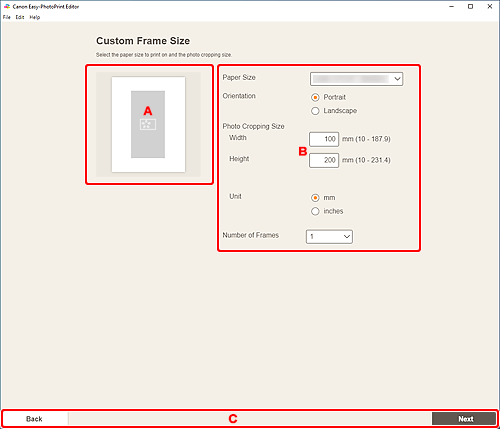 figure: Custom Frame Size screen