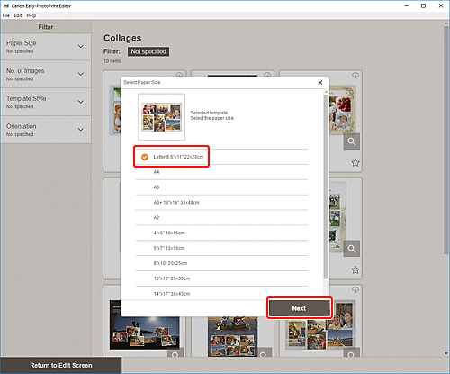 рисунок: Экран выбора размера бумаги
