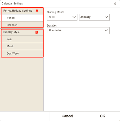 figure: Calendar Settings screen