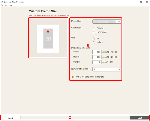 figure: Custom Frame Size screen