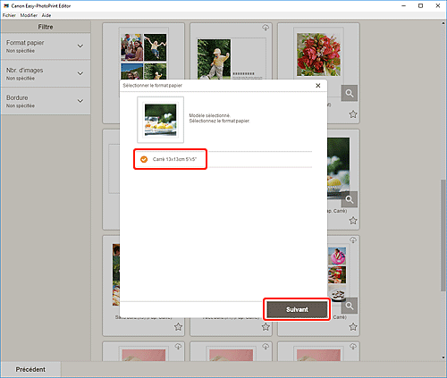 figure&nbsp;: Écran Sélectionner le format papier