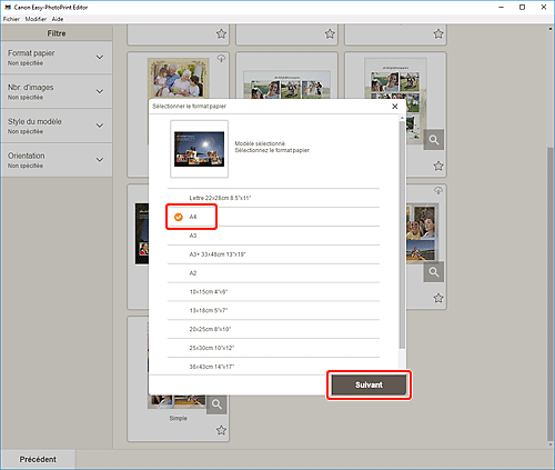 figure&nbsp;: Écran Sélectionner le format papier