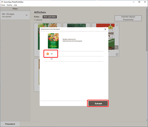 figure&nbsp;: Écran Sélectionner le format papier