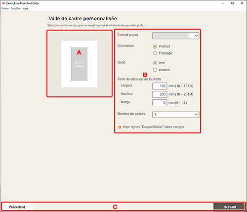 figure&nbsp;: Écran Taille de cadre personnalisée