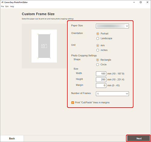 figure: Custom Frame Size screen