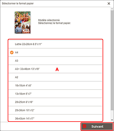 figure : Écran Sélectionner le format papier