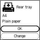 Snímek obrazovky: [Zadní přihrádka], [A4], [Běžný papír], [OK], [Změnit]