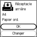 Capture d'écran : [Réceptacle arrière], [A4], [Papier ordinaire], [OK], [Modifier]