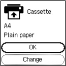 Снимок экрана: [Кассета], [A4], [Обычная бумага], [OK], [Изменить]