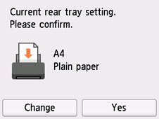 Kuvatõmmis: [Current rear tray setting.], [Please confirm.], [A4], [Plain paper], [Change], [Yes]