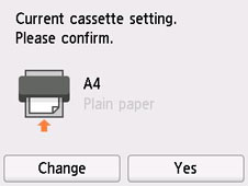 Schermafbeelding: [Huidige cassette-instelling.], [Bevestigen.], [A4], [Normaal papier], [Wijzigen], [Ja]