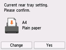 Snímka obrazovky: [Aktuálne nastavenie zadného zásobníka.], [Skontrolujte.], [A4], [Obyčajný papier], [Zmeniť], [Áno]