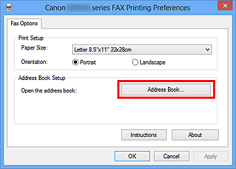 figura: Finestra di dialogo Preferenze stampa Canon XXX series FAX
