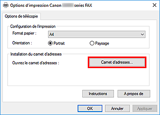 figure : Boîte de dialogue Canon XXX series FAX Préférences de l'impression