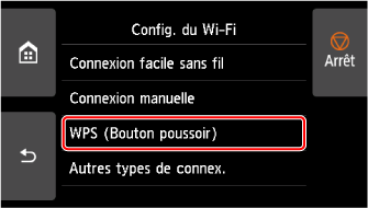 Écran Configuration Wi-Fi&nbsp;: sélectionnez WPS (Bouton pouss.)