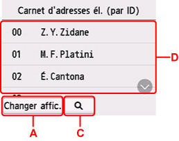 Écran d'affichage du carnet d'adresses