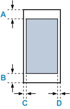 Image showing the printing area. "A" is the vertical distance from the printing area to the top of the envelope. "B" is the vertical distance from the printing area to the bottom of the envelope. "C" is the horizontal distance from the printing area to the left edge of the envelope. "D" is the horizontal distance from the printing area to the right edge of the envelope.