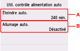 Écran de paramétrage du contrôle automatique de l'alimentation